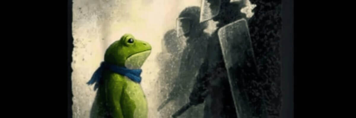 Painting of a frog standing in front of militarized police crushing dissent