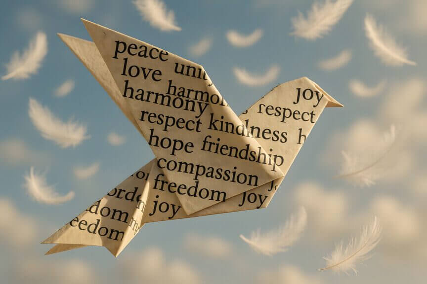 Dove origami with words related to kindness on it