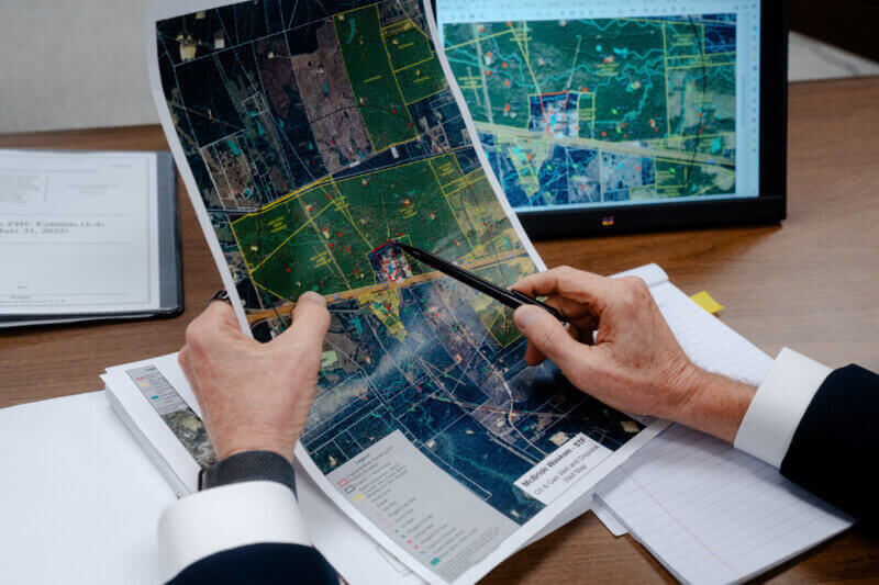 oil pits business Attorney pointing to an oil pit on a map