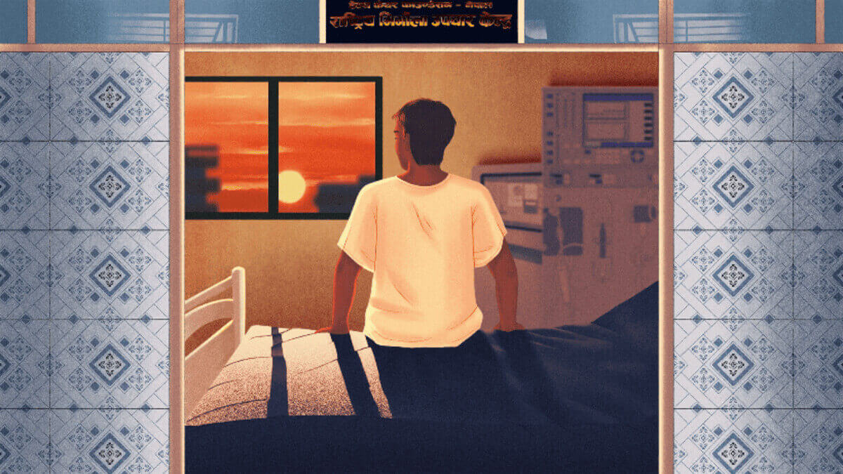 worker watches sunrise Worker watching sunrise through window