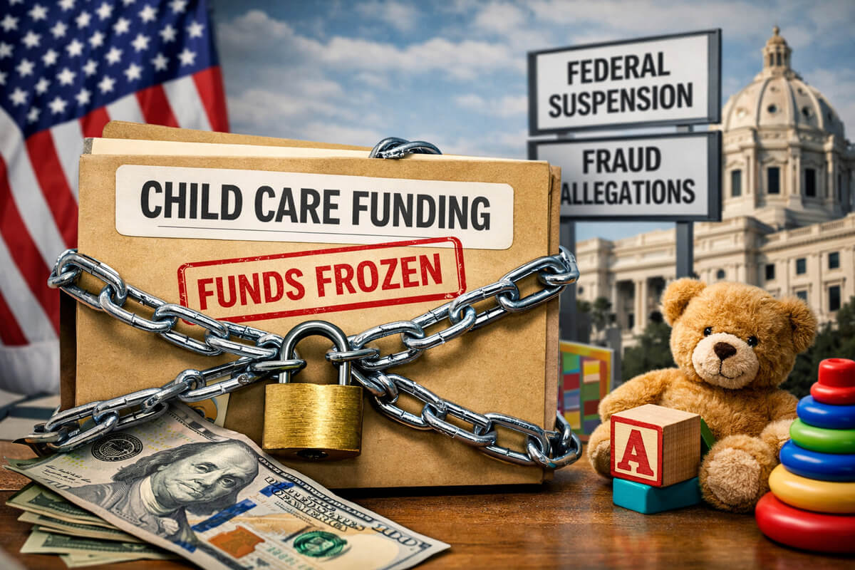 Ai-generated image of a collage indicating frozen child care payments