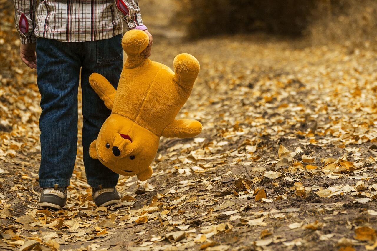 Boy carrying a teddy bear by its leg on a leaf- covered path. Csam