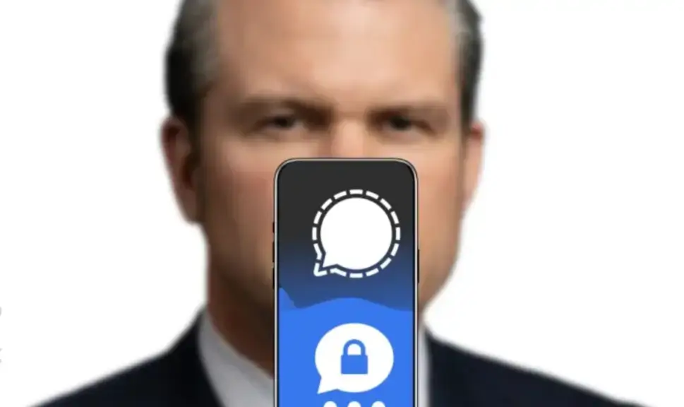 signalgate pete Pete hegseth blurry with a cell phone displaying the signal app logo in front of him. Hegseth quoted pulp fiction.
