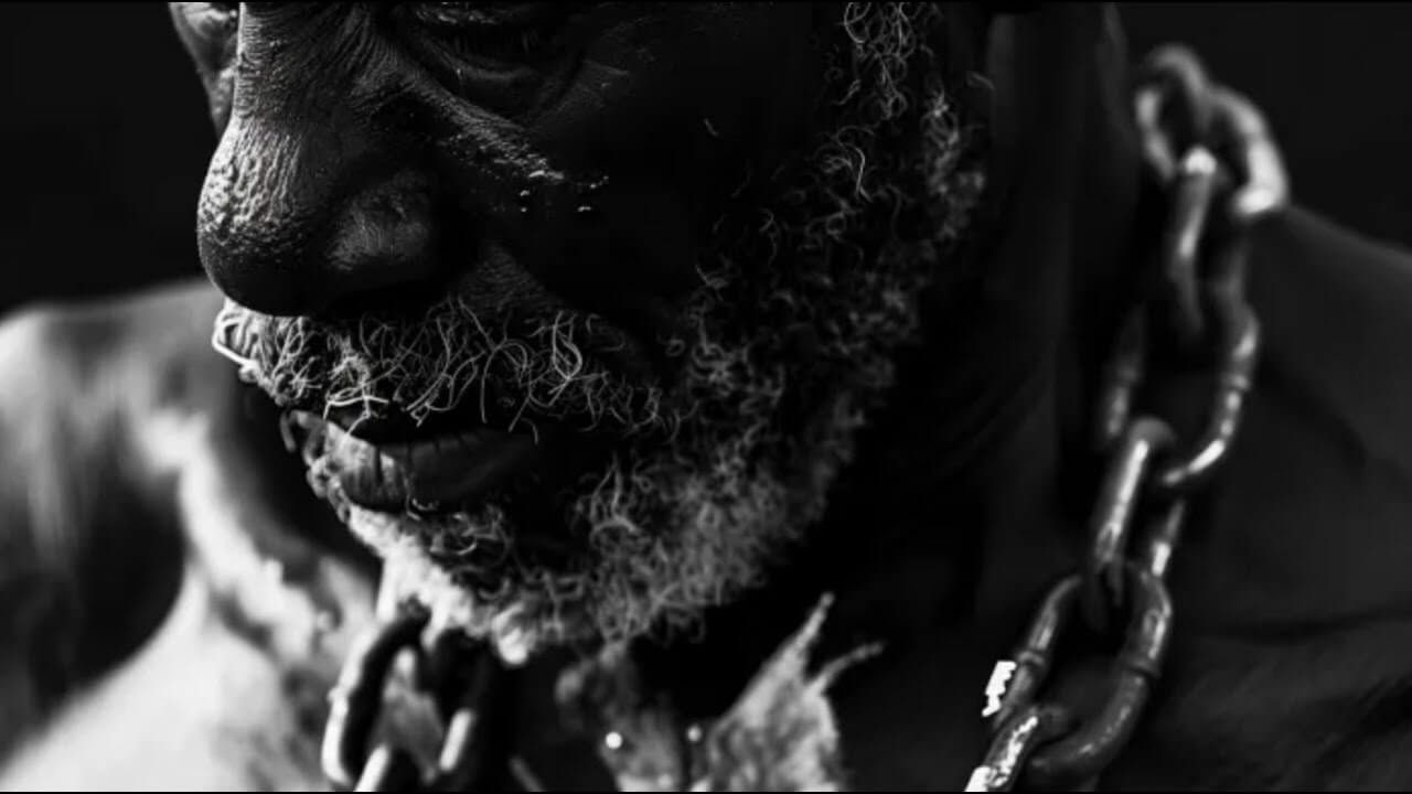 Dark photo of a “slave” with chains around his neck. Slaveholders