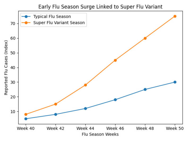 super flu variant early surge Super flu variant chart showing early surge