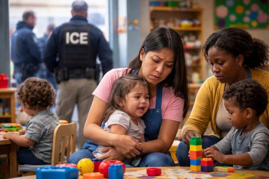 Daycare workers holding children with ice agents outside. Dehumanizing immigrants has consequences