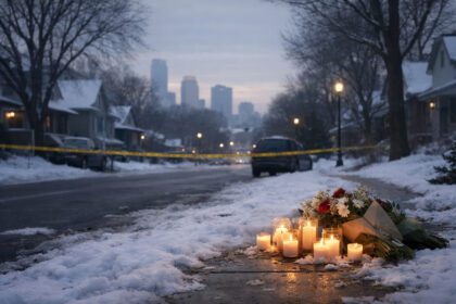 Snowy street in minnesota with a memorial of candles and flowers for the third person shot by ice