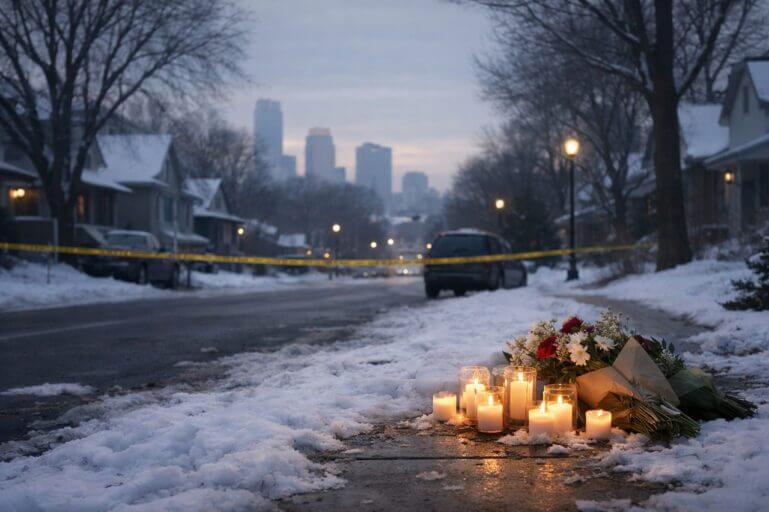 Snowy street in minnesota with a memorial of candles and flowers for the third person shot by ice