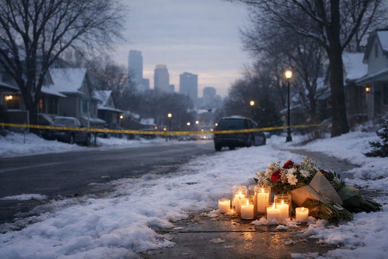 Snowy street in minnesota with a memorial of candles and flowers for the third person shot by ice