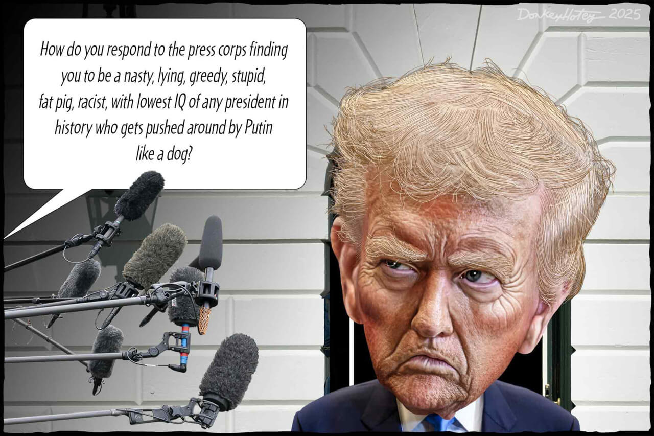 Caricature of trump and the press. Pardons in trump 2. 0