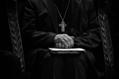 Catholic priests wearing cross necklace in black and white