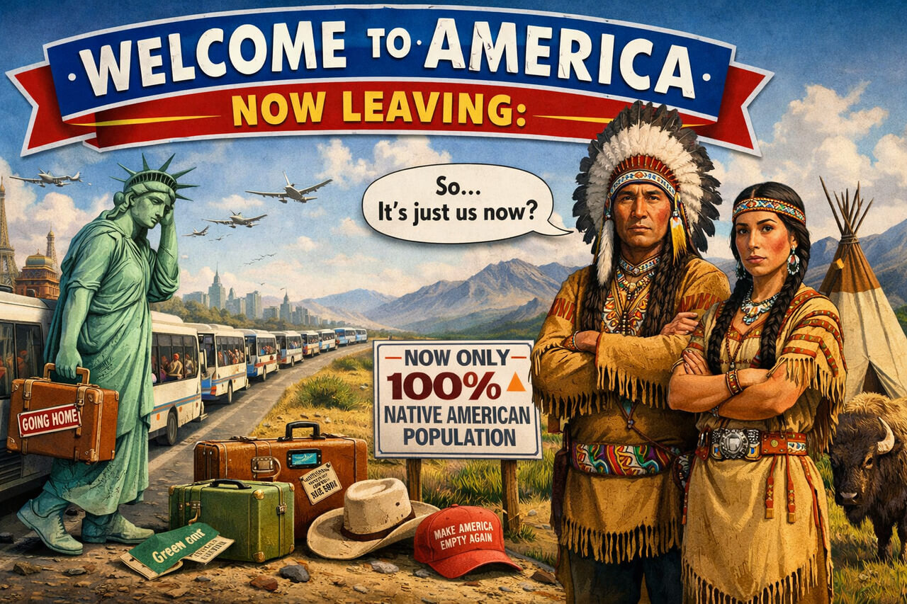 immigrant facts Ai-generated image of native americans watching everyone else leave the country