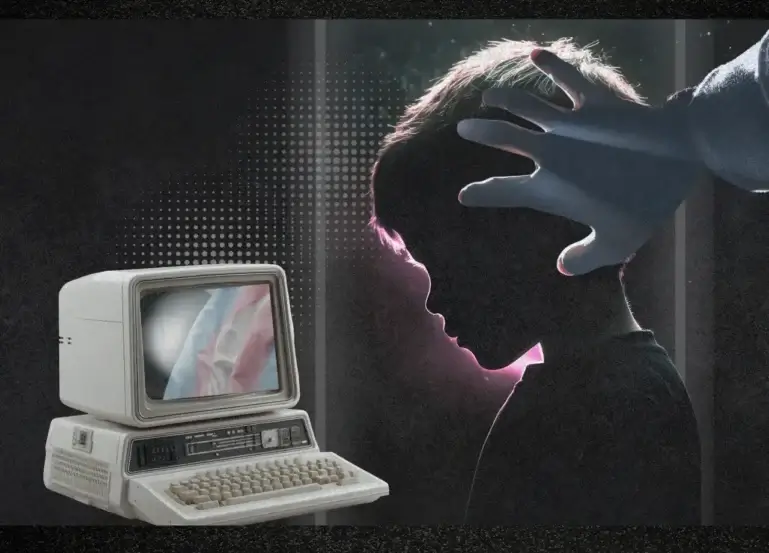 Young boy looking at a computer screen trans terrorism panic