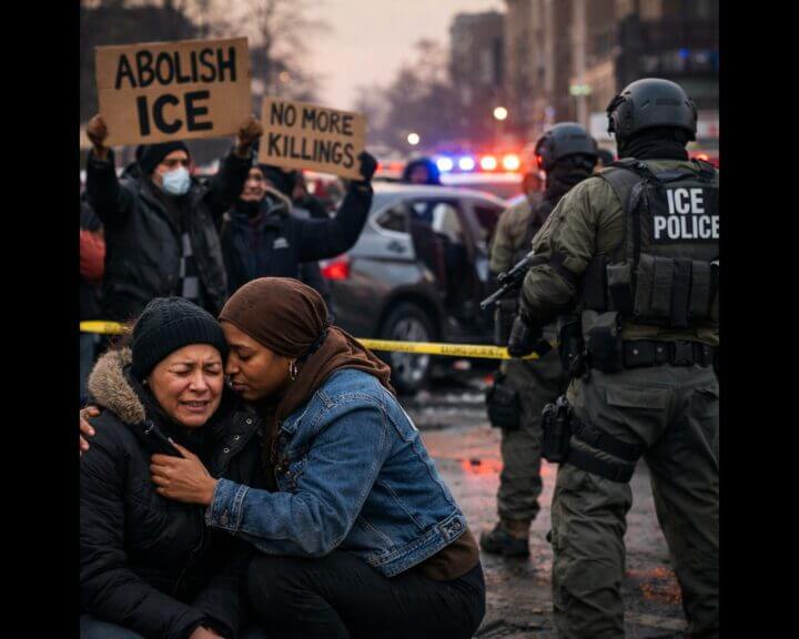 Ai-generated image of a woman crying by a police crime scene next to ice agents. Woman shot by ice
