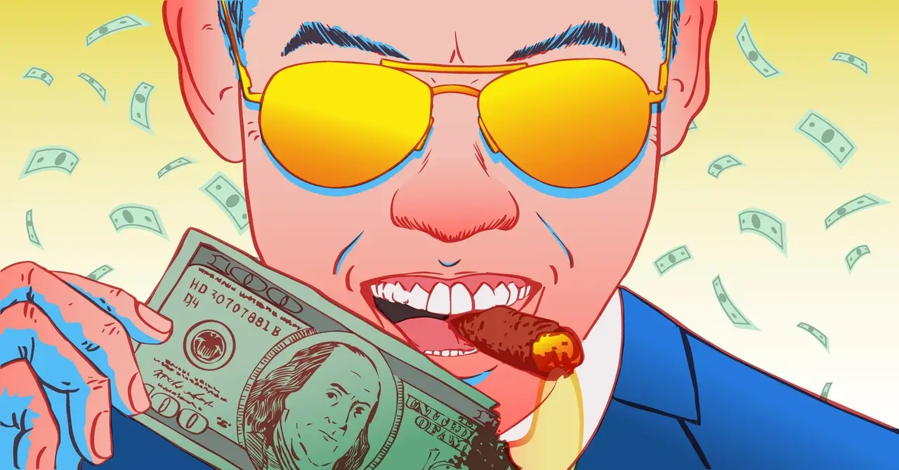 Illustration of a rich man lighting a cigar with a burning 100 dollar bill.