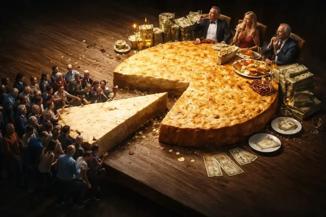 bottom 90 Wealth gap income inequality graphic of society getting a small piece of the pie. John stewart breaks musk’s brain.