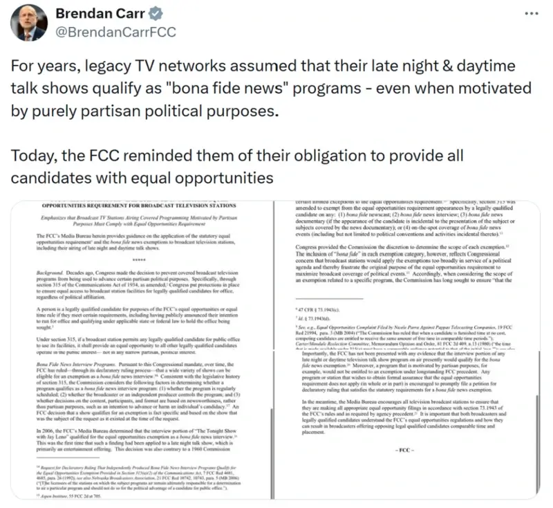 brendan carr post Why stephen colbert is right about the ‘equal time’ rule, despite warnings from the fcc