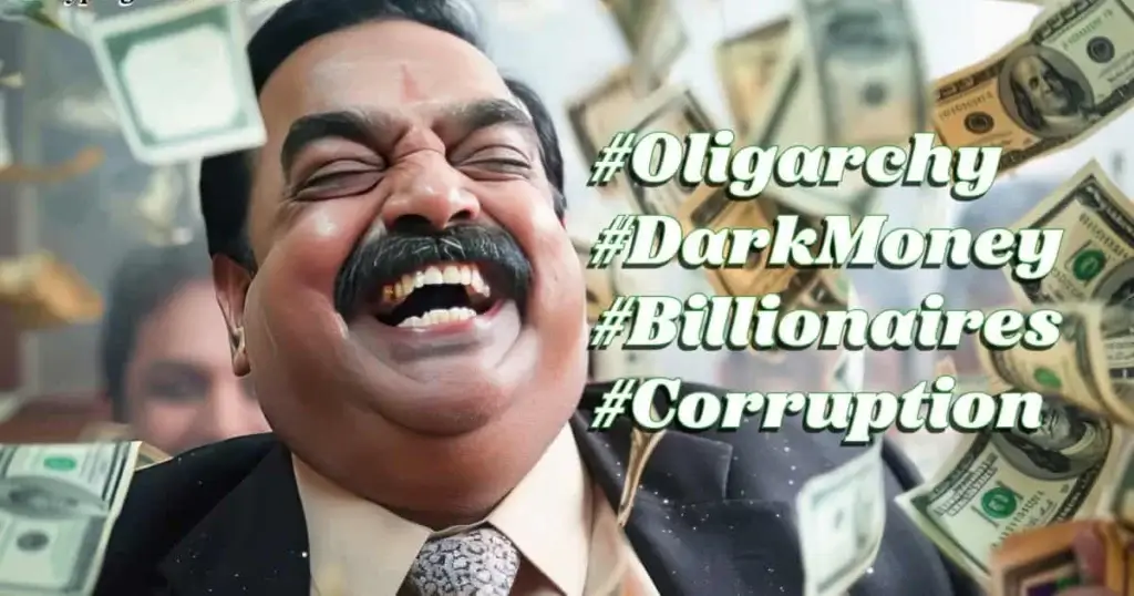 corrupt oligarchy e1771783442736 Grassroots activism laughing oligarch with money floating around him