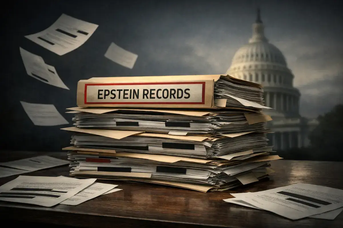 epstein files image Epstein files on a desk in front of the us capitol building