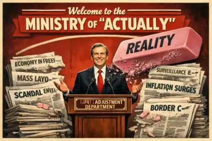 Gaslighting illustration of a politician from the truth adjustment department