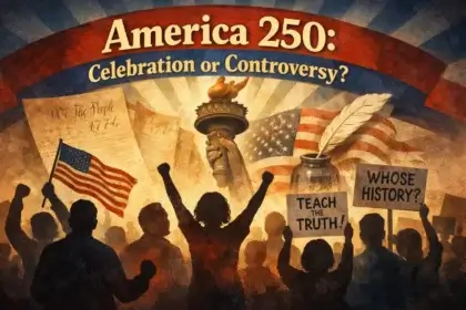 A collage of images from american history, the 250th anniversary of the country, and freedom trucks. Great american state fair