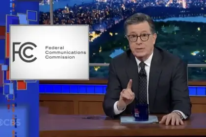 Stephen colbert with fcc logo