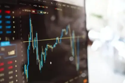 Stock market ticker on a slanted computer monitor