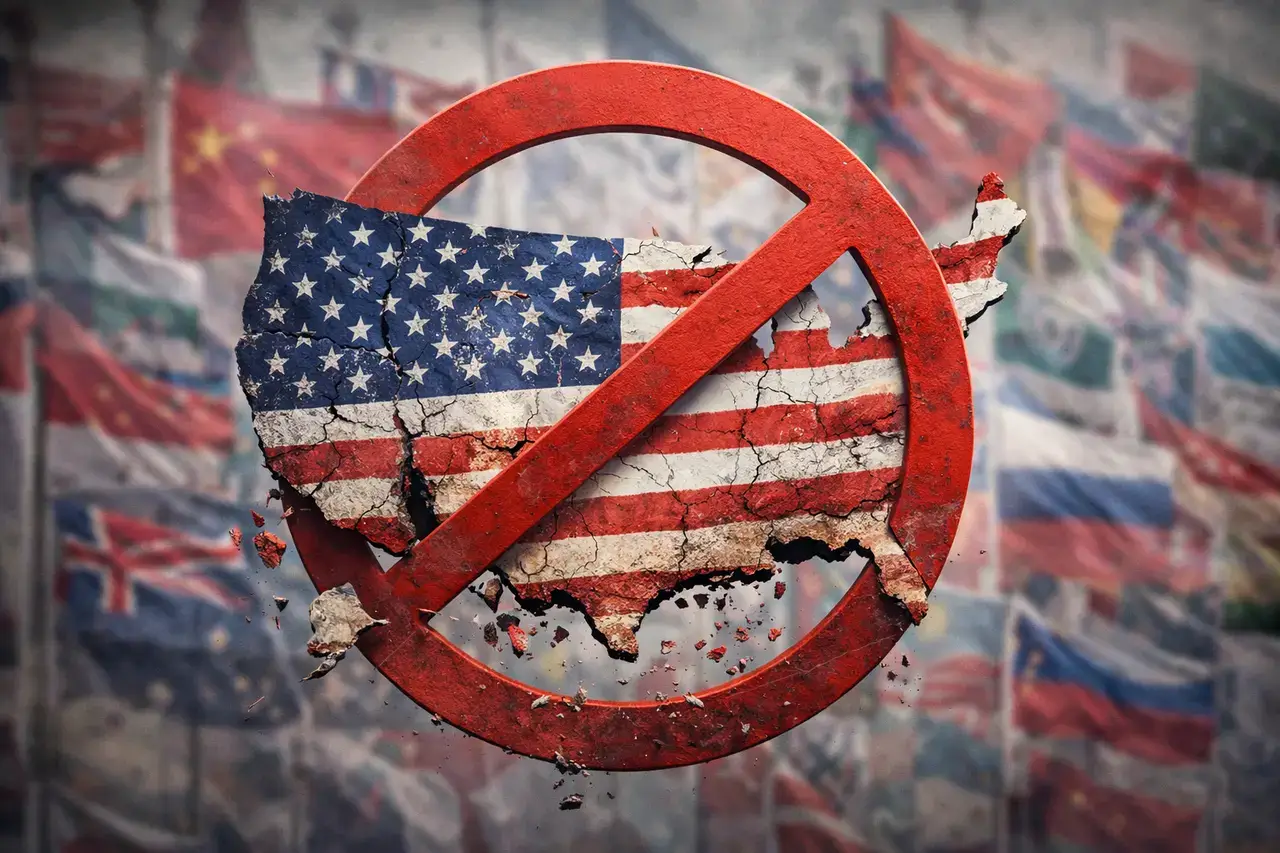trump destroying country United states covered by american flag with prohibited symbol over it