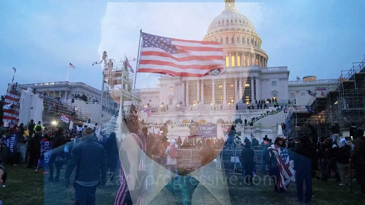 untitled Capitol riots scene in the background with donald trump’s portrait as overlay