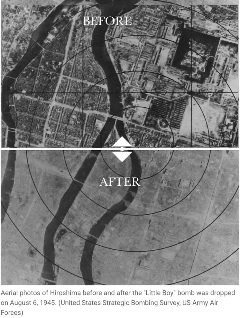 before after nuclear bomb Who is preparing for nuclear catastrophe. Image showing hiroshima before and after bombing