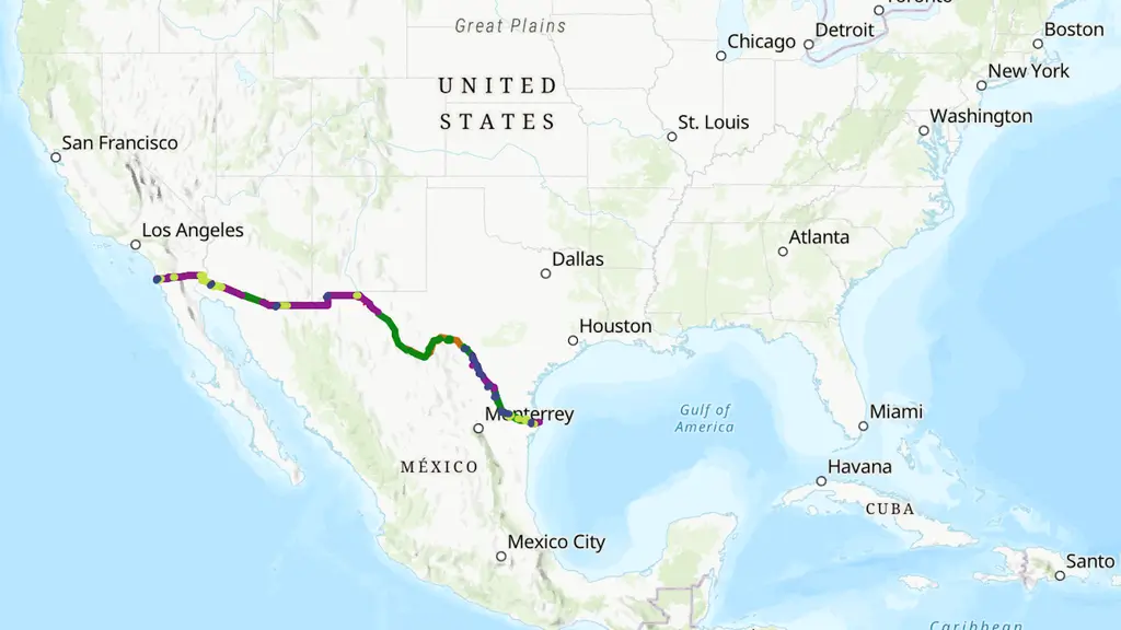 Map of the U.S. showing where the wall will cut through Big Bend National Park in Texas