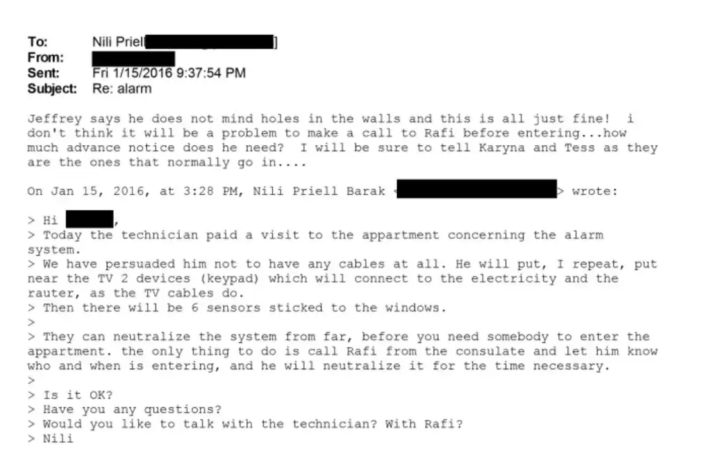 ehud barak epstein apt security email Ehud barak correspondence between nili priell and barak regarding security at the apartment, january 15, 2016.