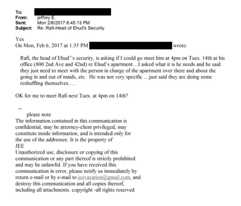 ehud barak epstein apt Correspondence between epstein and an unnamed person regarding security for “ehud barak apartment,” february 6, 2017.