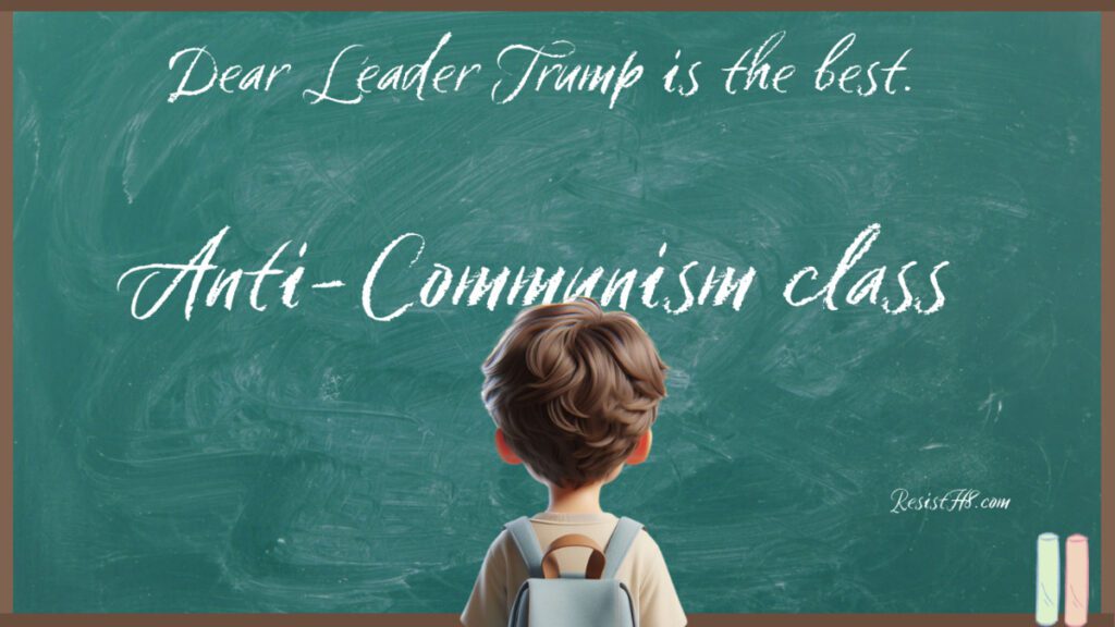 Boy looking at chalkboard welcoming students to anti-communism class