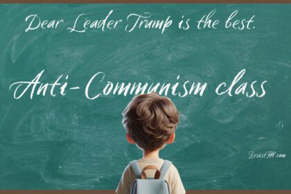Boy looking at chalkboard welcoming students to anti-communism class