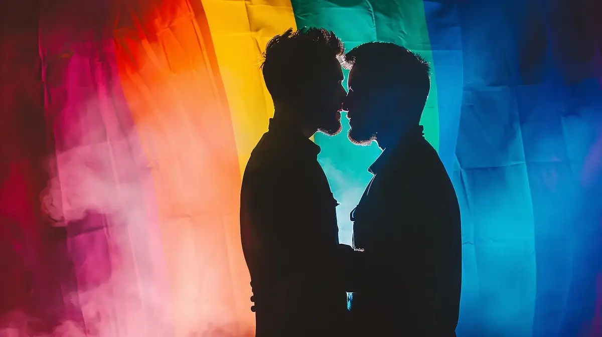 Gay couple in front of a giant rainbow flag gay marriage