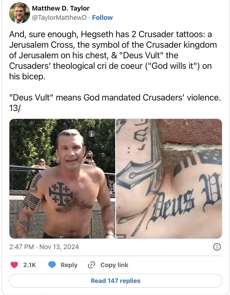 hegseth tattoos Pete hegseth’s tattoos of symbols of christian zionism