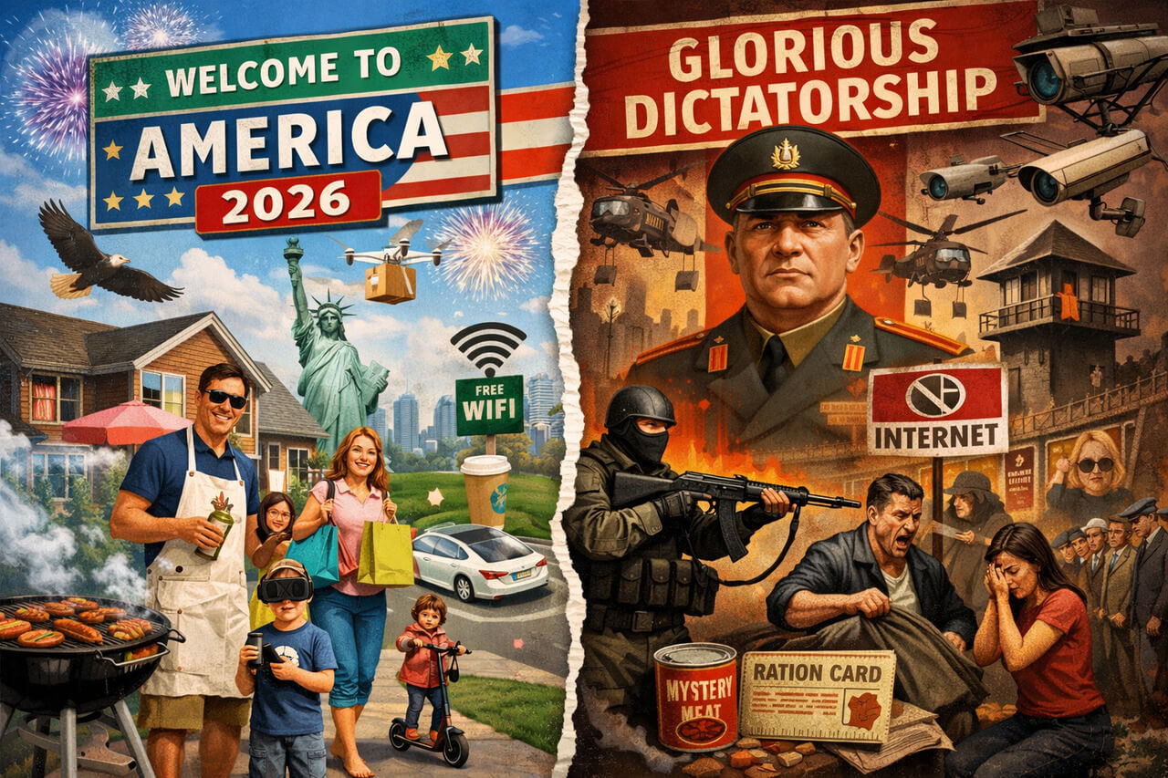 life in american dictatorship listicle Ai-generated image of a split-screen view of a family in america and in a dictatorship.