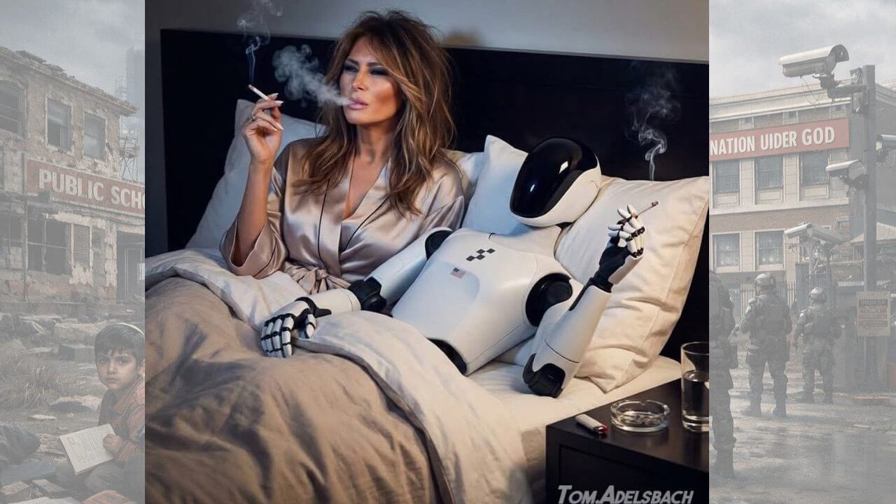 melania robot Melania and the robot in bed smoking cigarettes.