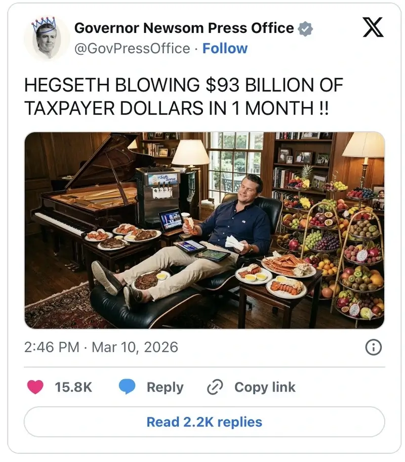 newsom post mocking hegseth Lobstergate ai image in a gavin newsom x post
