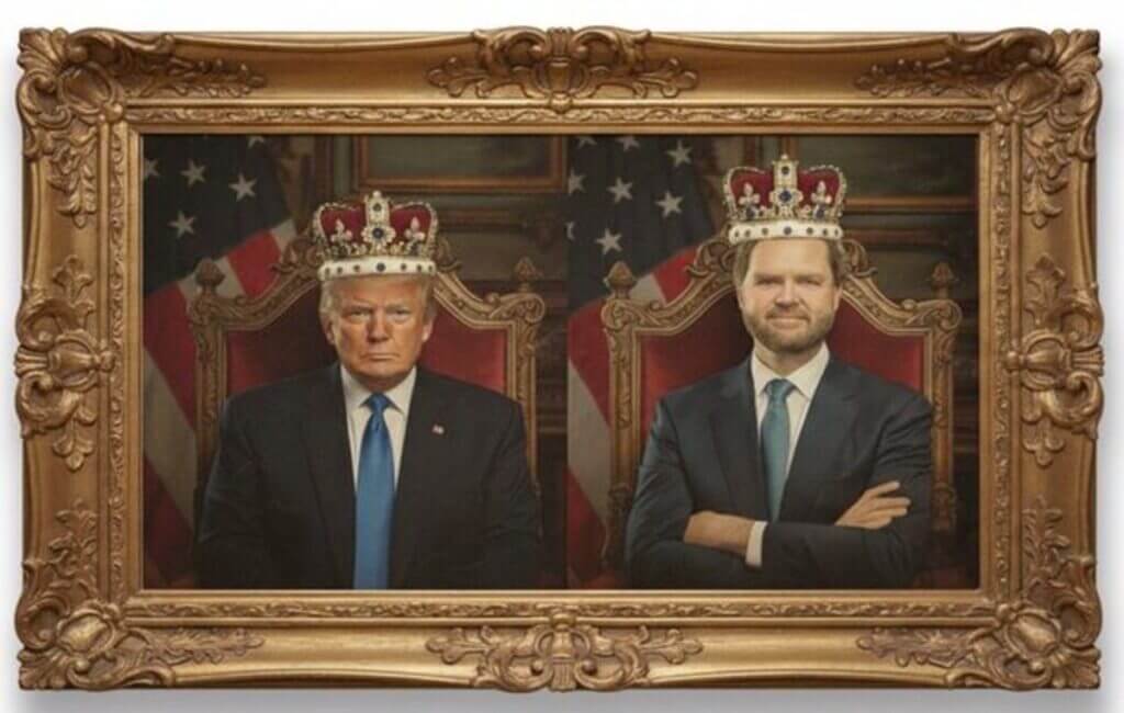 Gold-framed image of trump and vance sitting on thrones wearing crowns o kings iii protest