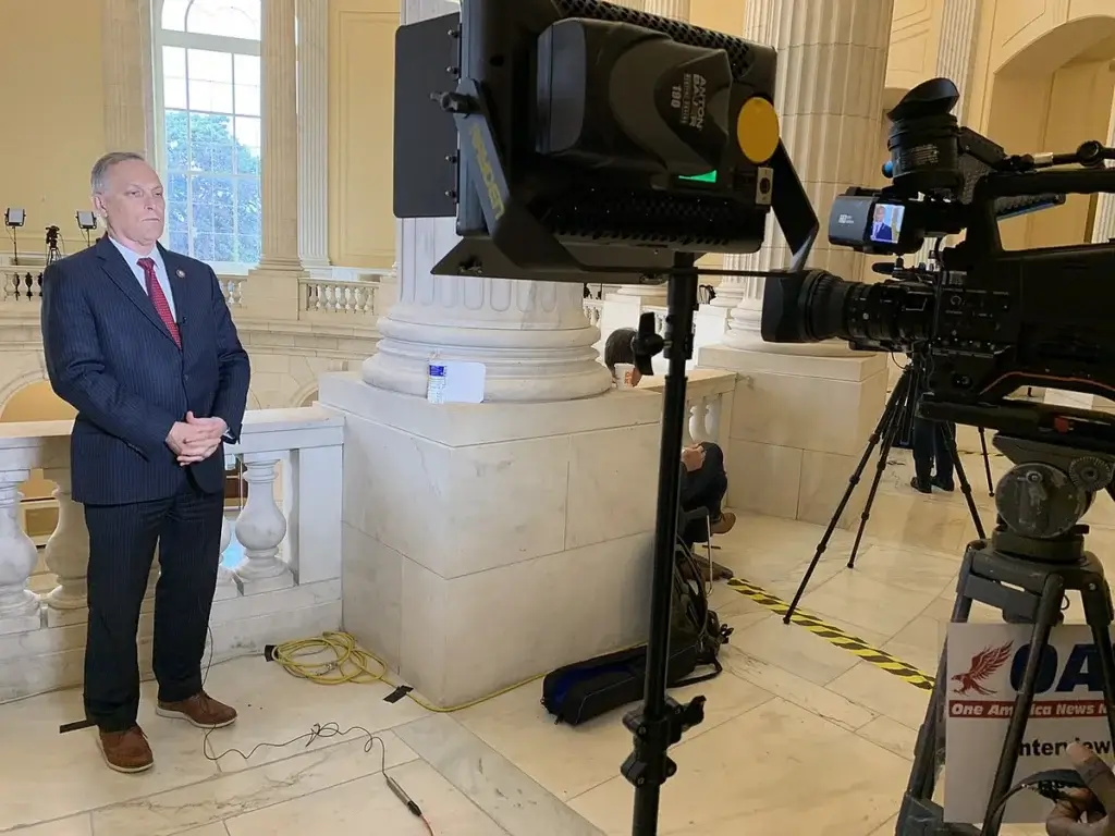 Voice of america began broadcasting oan, one america news, seen here interviewing andy biggs.