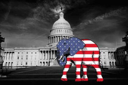 White nationalism u. S. Capitol background, elephant in colors of the american flag in the foreground