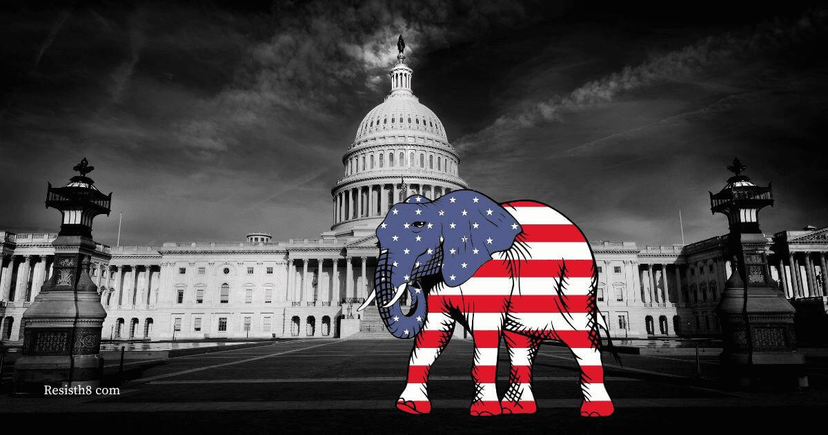 White nationalism u. S. Capitol background, elephant in colors of the american flag in the foreground