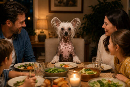Chinese crested hairless dog sits at the dinner table with the family for a meal of spot and tango unkibble.