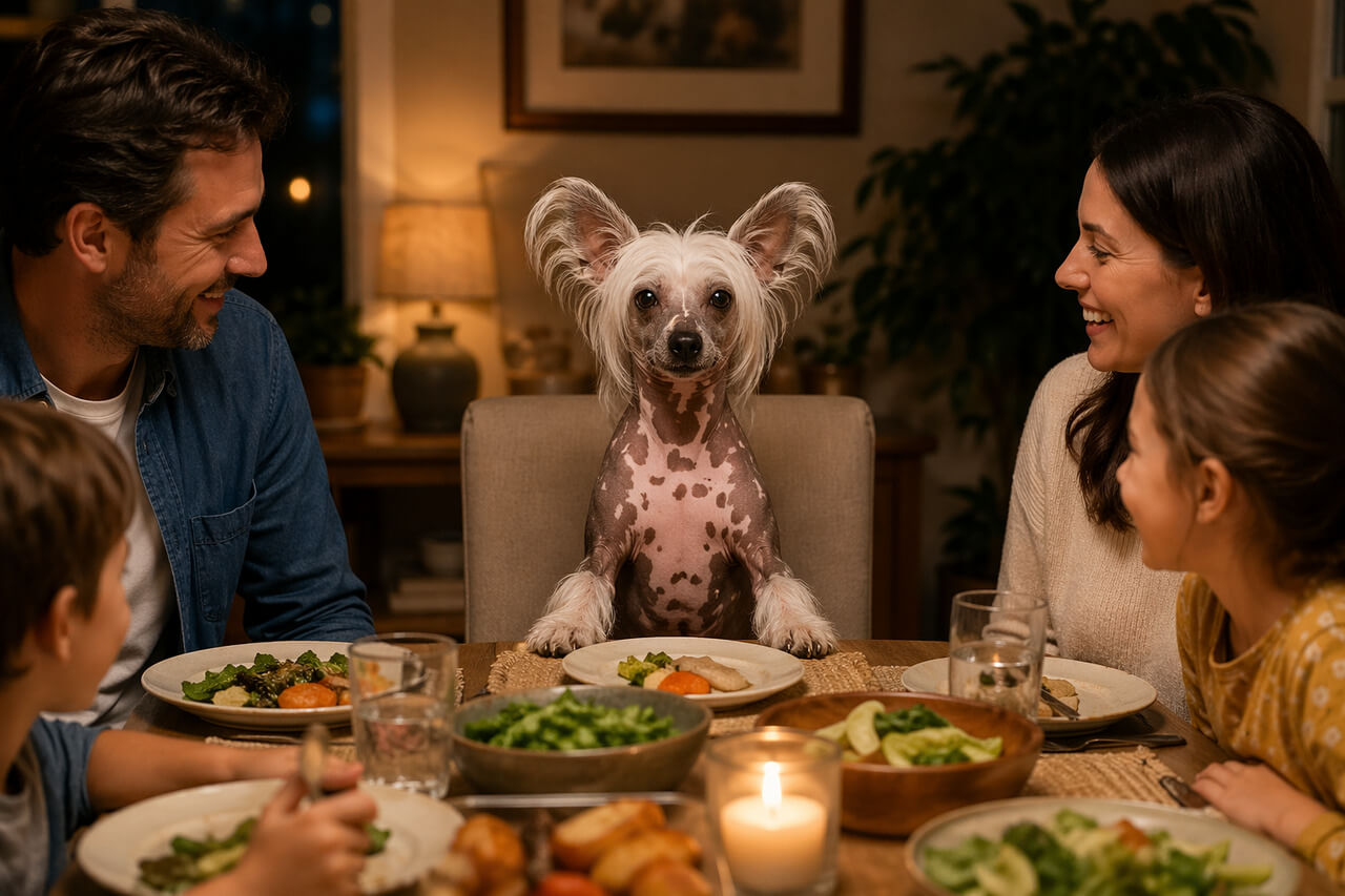 Chinese crested hairless dog sits at the dinner table with the family for a meal of spot and tango unkibble.