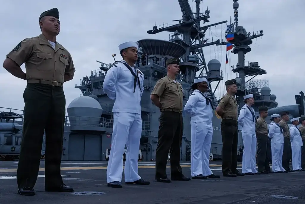 uss tripoli 2025 Crew aboard the uss tripoli in 2025. U. S. Sailors are hungry
