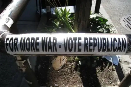 Sticker: for more war vote republicans
