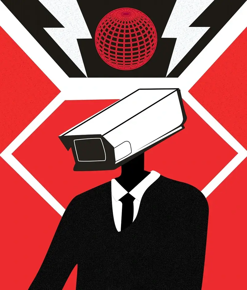 arl government surveillance Illustration of a man in a suit with a mass surveillance camera as a head