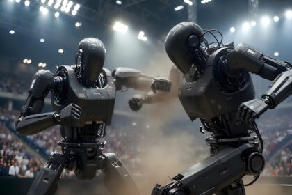 Chinese robot fight club. Two humanoid robot fighters